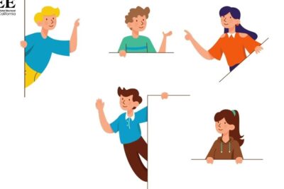 Illustration of smiling diverse community members peeking and interacting representing democracia participativa 4.