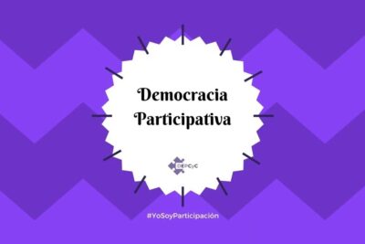 Purple chevron background with a white jagged badge reading democracia participativa 5 promoting civic participation