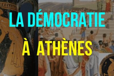 Graphic composition with ancient Greek vase painting and an assembly scene overlaid by the words La Démocratie à Athènes, illustrating democratie grecque 1.