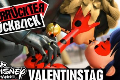 Two masked animated heroes in red and black costumes share a close kiss in a dramatic der valentinstag scene.