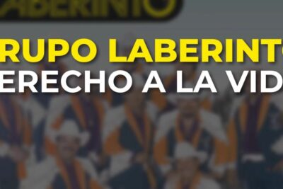 Promotional graphic with large yellow text 'GRUPO LABERINTO' and white 'DERECHO A LA VIDA' over a blurred group photo, derecho vida 14
