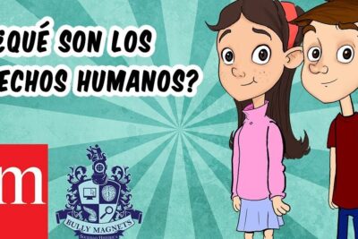 Cartoon poster with two children and the question '¿Qué son los derechos humanos?' for derechos humanos 4