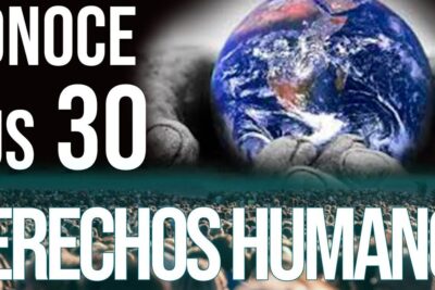 Poster showing a globe cradled in hands above a crowd with bold text promoting derechos humanos 6