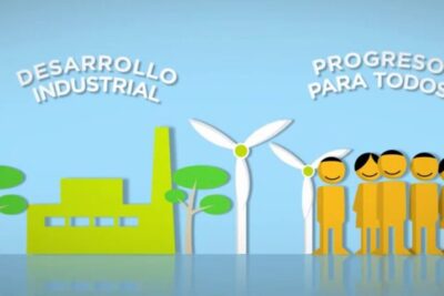 Paper-cut style illustration of a green factory, wind turbines, trees and smiling people symbolizing desarrollo sostenible 1.