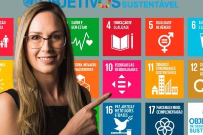 A smiling woman with glasses pointing at colorful sustainable development goals icons displaying Portuguese labels and the phrase desenvolvimento sustentavel 1