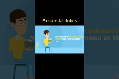 Cartoon man with glasses holding a bowl beneath the heading 'Existential Jokes' illustrating deterministisk syn.