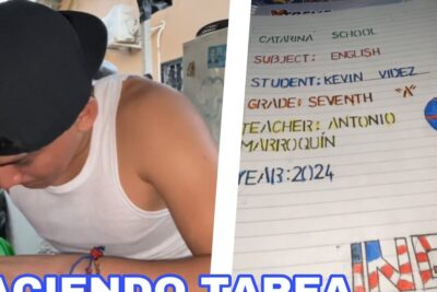 A student studying beside a decorated English notebook page for seventh grade showing deveres escolares 3.