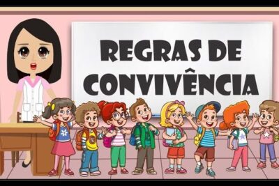 Teacher and elementary students standing in front of a classroom rules poster, suitable for deveres escolares 5.