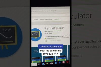 Screenshot of a Physics Calculator app page showing an icon with a chalkboard and E=mc² for devoirs scolaires 2
