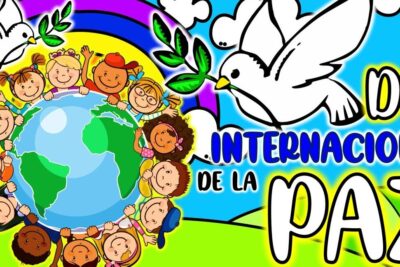 Cartoon children surrounding Earth with white doves and olive branches promoting dia internacional peace celebration.
