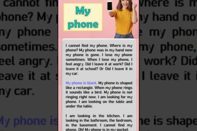 A smiling woman holds a smartphone next to a poster titled 'My phone' showing a short ESL passage for dialog forstaelse about losing a phone.
