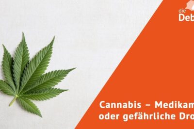 Green cannabis leaf on a pale background next to a bold orange panel with German text and die debatte 4.