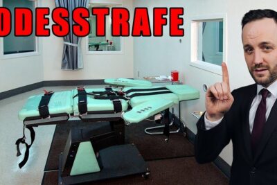 Man in a suit pointing next to a strapped execution gurney in a sterile death chamber, die todesstrafe 7