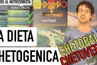 Presenter and infographic with food photos explaining dieta chetogenica 1 ketogenic diet basics.