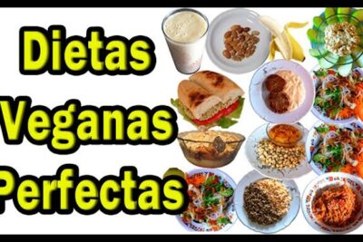 Variety of colorful plant-based dishes, bowls, nuts and a smoothie arranged with bold 'Dietas Veganas Perfectas' lettering for dieta vegana 4