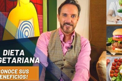 Smiling presenter beside bold text and photos of a veggie burger, composed salad, and stacked vegetables promoting dieta vegetariana 12.