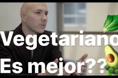 Man gesturing beside large Spanish text 'Vegetariano Es mejor??' and avocado icon for dieta vegetariana 15