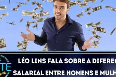 Smiling male speaker with arms open and falling banknotes in a TV-style frame illustrating diferenca salarial 1.