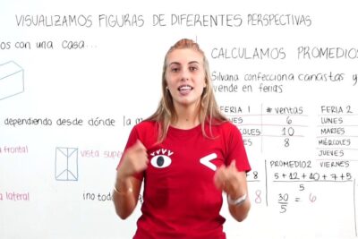 Presenter standing in front of a whiteboard with drawings of a house, labeled views and a table of sales and averages, showing diferentes perspectivas 1
