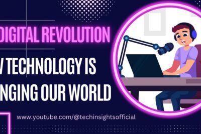 Animated podcaster with headphones and microphone at a laptop framed by neon accents and bold neon text digital revolution 1