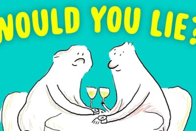 Two cartoon bears holding hands over drinks illustrating a dilemma morale about honesty and decision-making.