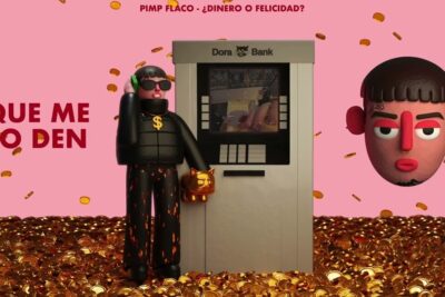 3D scene of stylized characters beside an ATM and a sea of gold coins symbolizing dinero felicidad.