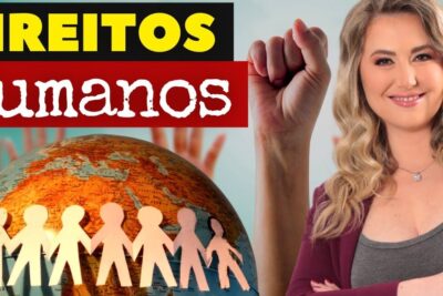 Smiling woman beside a globe, paper-cut people holding hands and a raised fist symbolizing direitos humanos