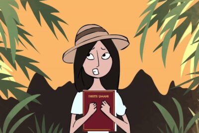 Cartoon woman wearing a hat and holding a red book labeled diritti umani 4 against an orange sunset and lush foliage.