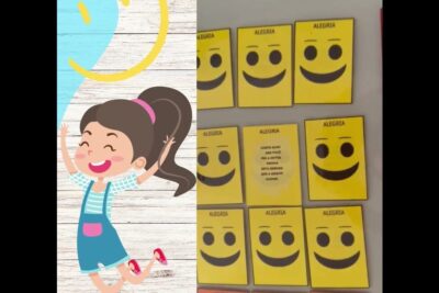 Illustration of a joyful girl next to a wall of yellow 'ALEGRIA' smiley cards suggesting ways to dissimular sentimentos.