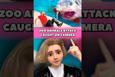 Shocking thumbnail of a man recoiling from a shark with bold 'Zoo Animals Attack Caught on Camera' text, djurparker ar 1