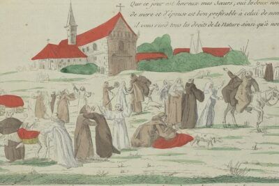 Historic pastoral scene showing do clero and laypeople assembled outside a small church