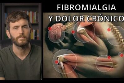 Split-screen thumbnail with a presenter and anatomical overlays highlighting joint and muscle pain points for dolor cronico 12.