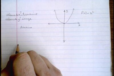 Handwritten notebook showing a parabola y = x², labeled axes, and notes about domaine limage.