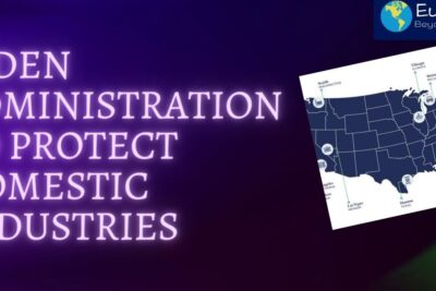 Neon headline stating Biden administration will protect domestic industries with an overlaid US map