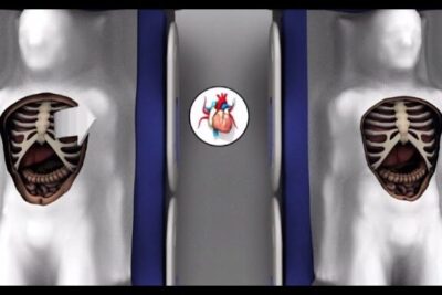 Pair of donor torsos with exposed ribcages and a heart icon illustrating donacion organos 2