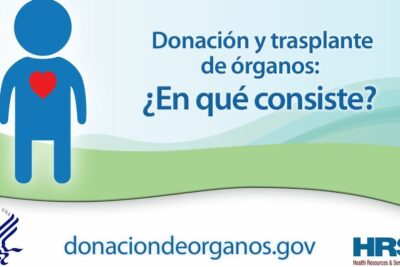 Spanish informational banner with a blue person icon and red heart, headline about organ donation, site donaciondeorganos.gov and HRSA logo donacion organos 6