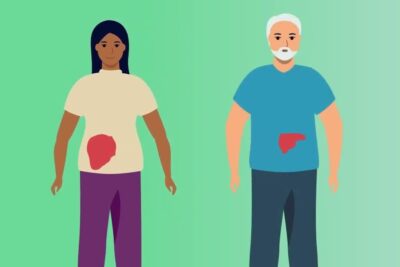 Two illustrated adults with highlighted livers representing organ donation donacion organos 7