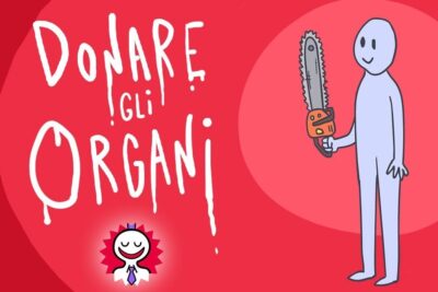 Red illustration with hand-lettered 'Donare gli organi' and a smiling cartoon figure holding a chainsaw, donazione organi 2