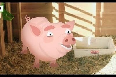Cartoon pink pig standing on straw beside a feeding trough in a wooden pen with sunlight — dyrene vare