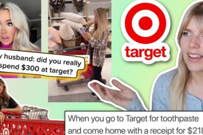 Collage of Target shoppers, carts and reaction captions about overspending driven by eccessivo internet