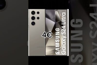 Silver Samsung Galaxy S24 Ultra shown front and back with pronounced camera array and a visible 4€ price overlay, suggesting eccessivo smartphone attention