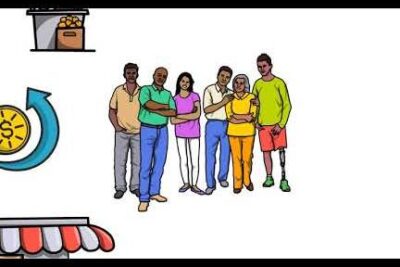 Diverse group of people standing together next to storefront and currency icons representing economia local