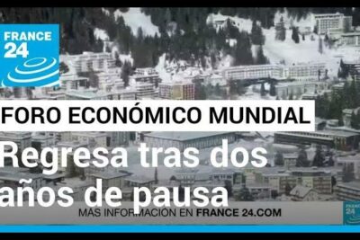 Snow-covered alpine town and conference center for economico mundial 1.