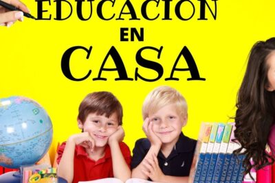 Two smiling children and a teacher with books and a globe illustrating educacion hogar 7