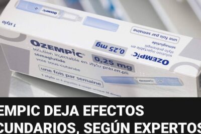 Close-up of an Ozempic 0.25 mg injectable pen box with a Spanish headline about efectos secundarios 4.