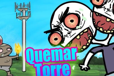 Animated cartoon of a torch-bearing character confronting a cell tower with two crazed figures, referencing el 5g 1.