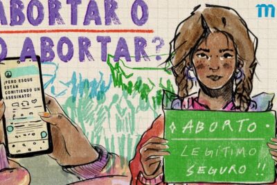 Illustration of a person holding a green sign reading 'ABORTO LEGÍTIMO SEGURO' beside hands holding a phone, highlighting el aborto 19.