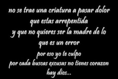 Black background with white Spanish script expressing regret and blame about pregnancy and el aborto 24.