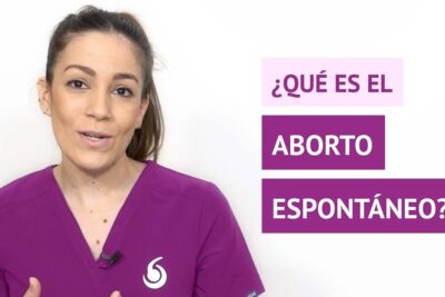 Female healthcare presenter in purple scrubs next to Spanish text about el aborto 36 and spontaneous abortion