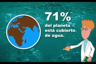 Cartoon scientist points to a globe and bold text stating 71% of the planet is covered by el agua